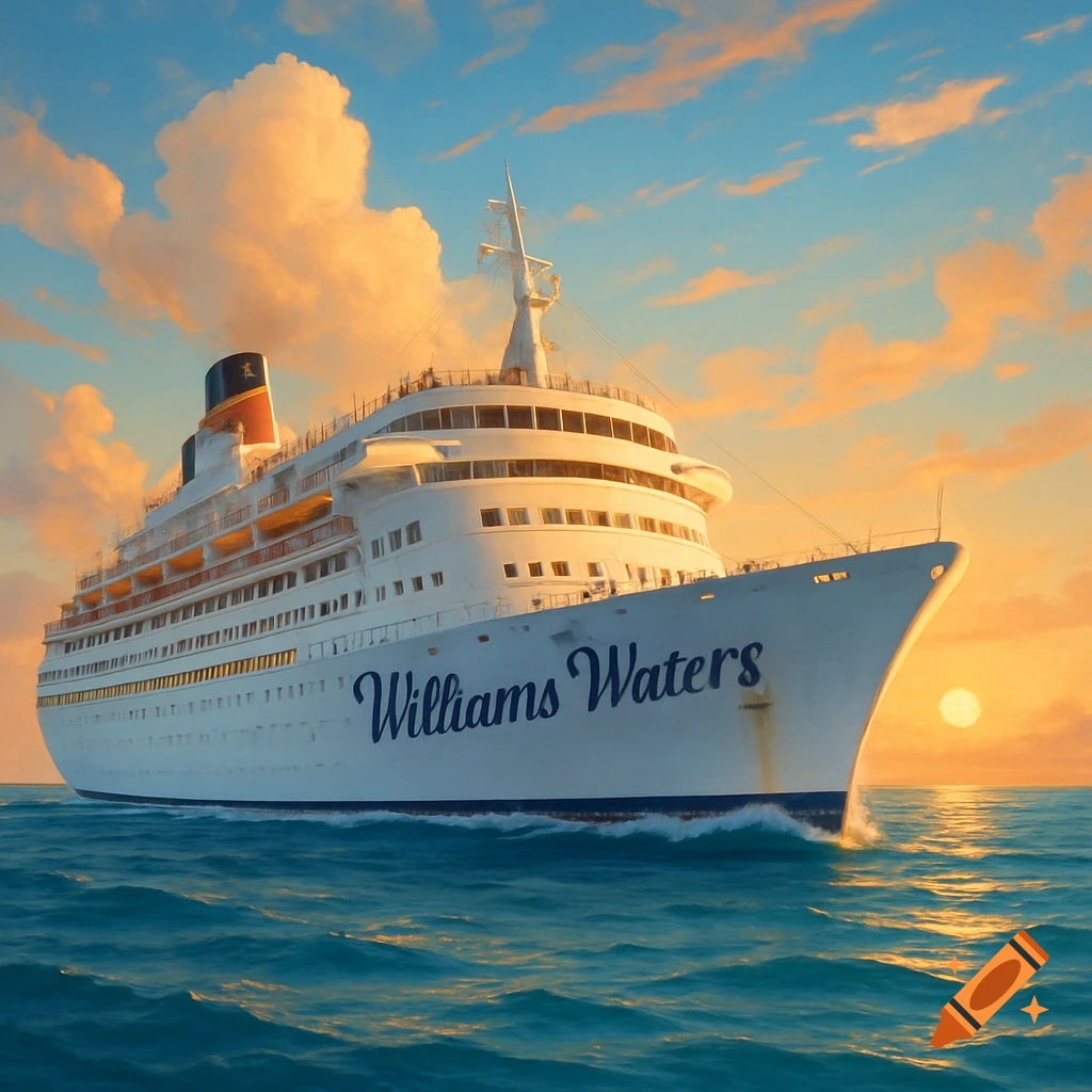 A white cruise ship with 'Williams Waters' on its side sails on a blue ocean under a sunset sky.