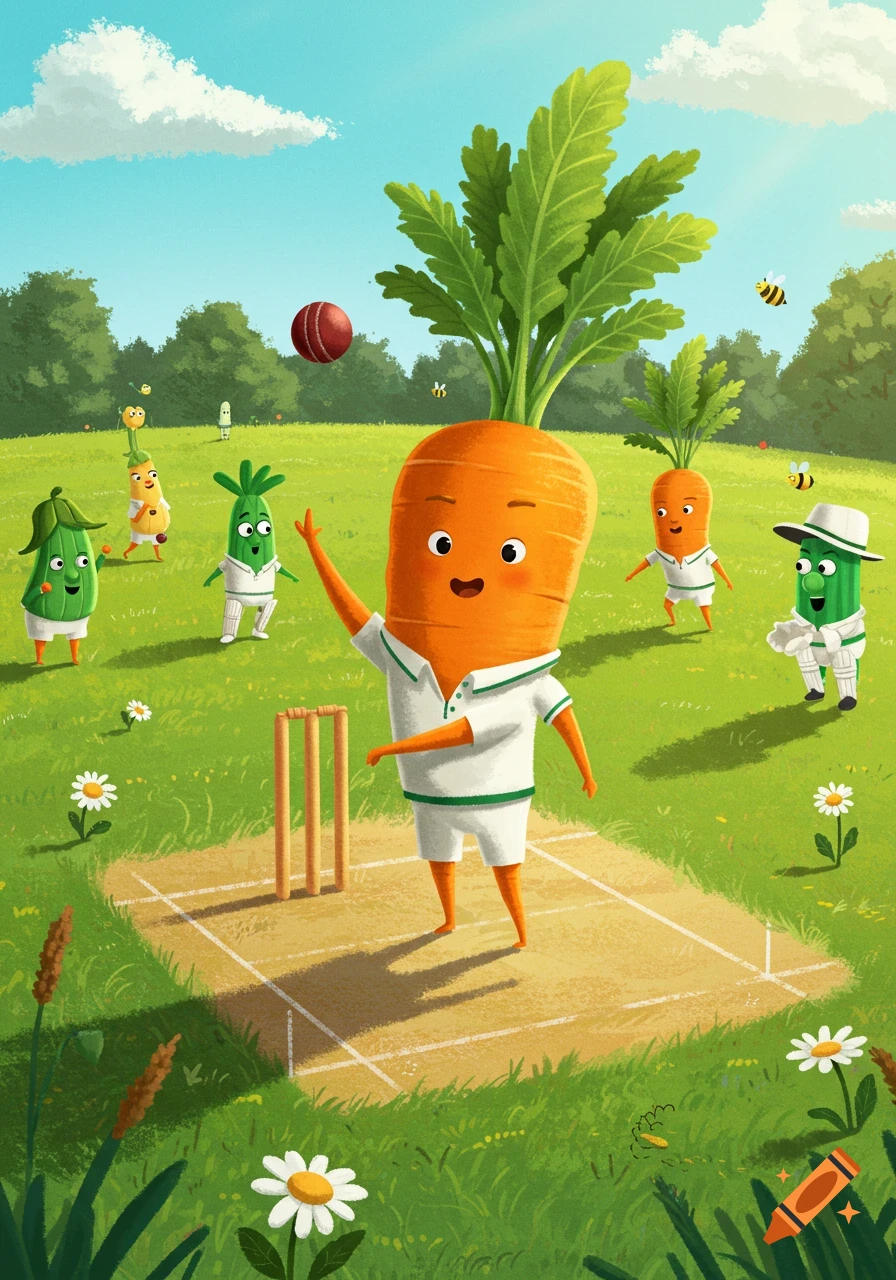 A cheerful cartoon carrot playing cricket with other vegetable characters in a sunny grassy field.