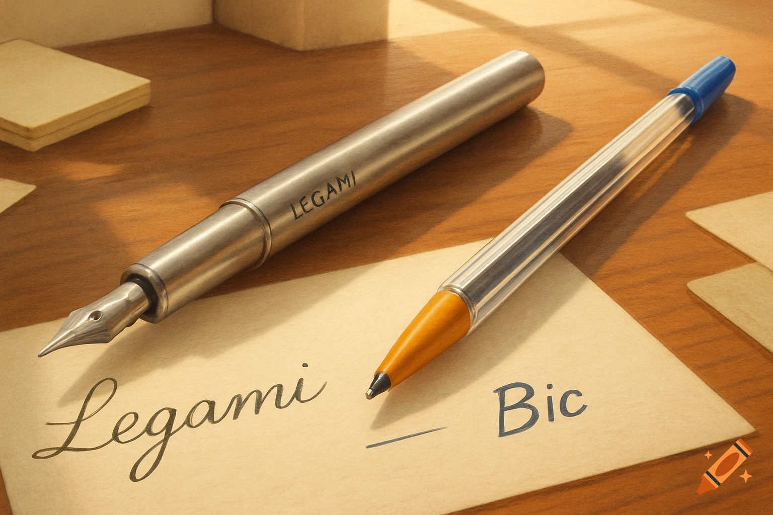 A close-up shot of a silver fountain pen labeled 'LEGAMI' and a Bic ballpoint pen on a wooden desk with paper displaying 'Legami' and 'Bic'.