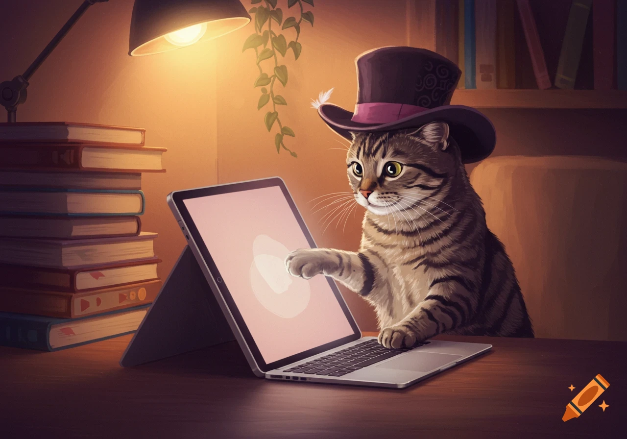 A tabby cat wearing a hat sits at a desk with a laptop, touching the screen, in a cozy digital art style.
