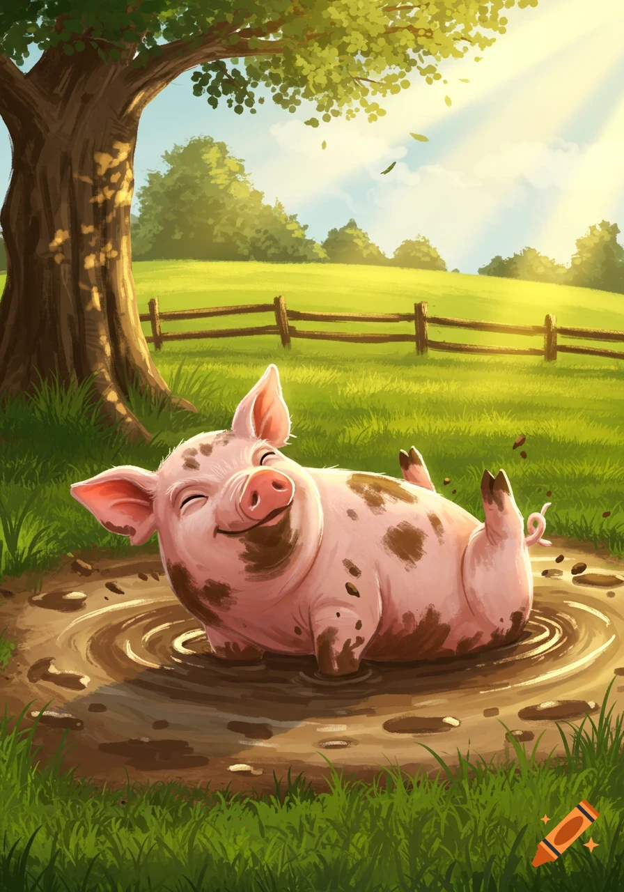 A cute, happy pink pig with brown spots is rolling on its back in a muddy puddle under a tree in a sunny field, in a digital illustration style.