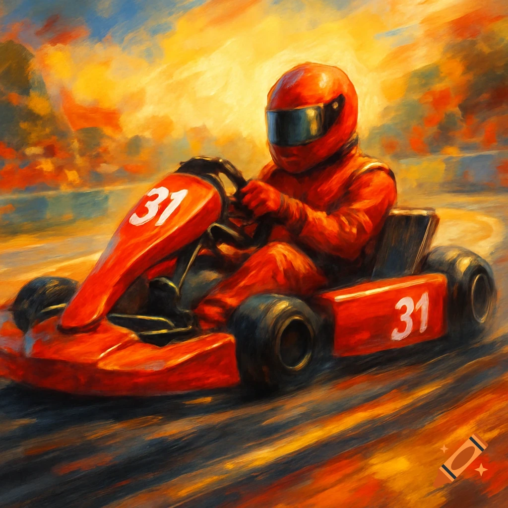 Oil painting of a driver in a red go-kart with number 31 on a track at sunset.