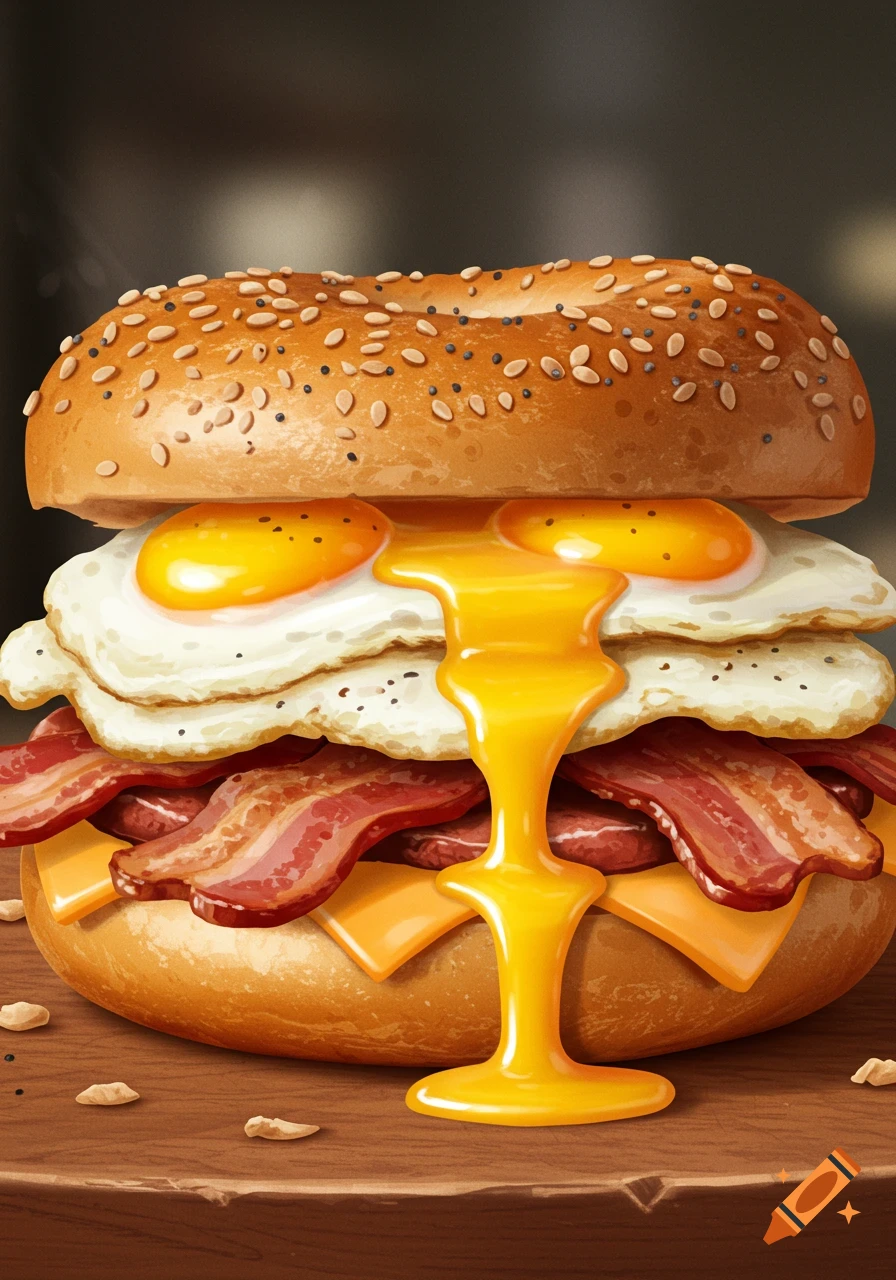 An illustrative everything bagel breakfast sandwich with runny sunny-side-up eggs, crispy bacon, and melted cheese, on a wooden surface.