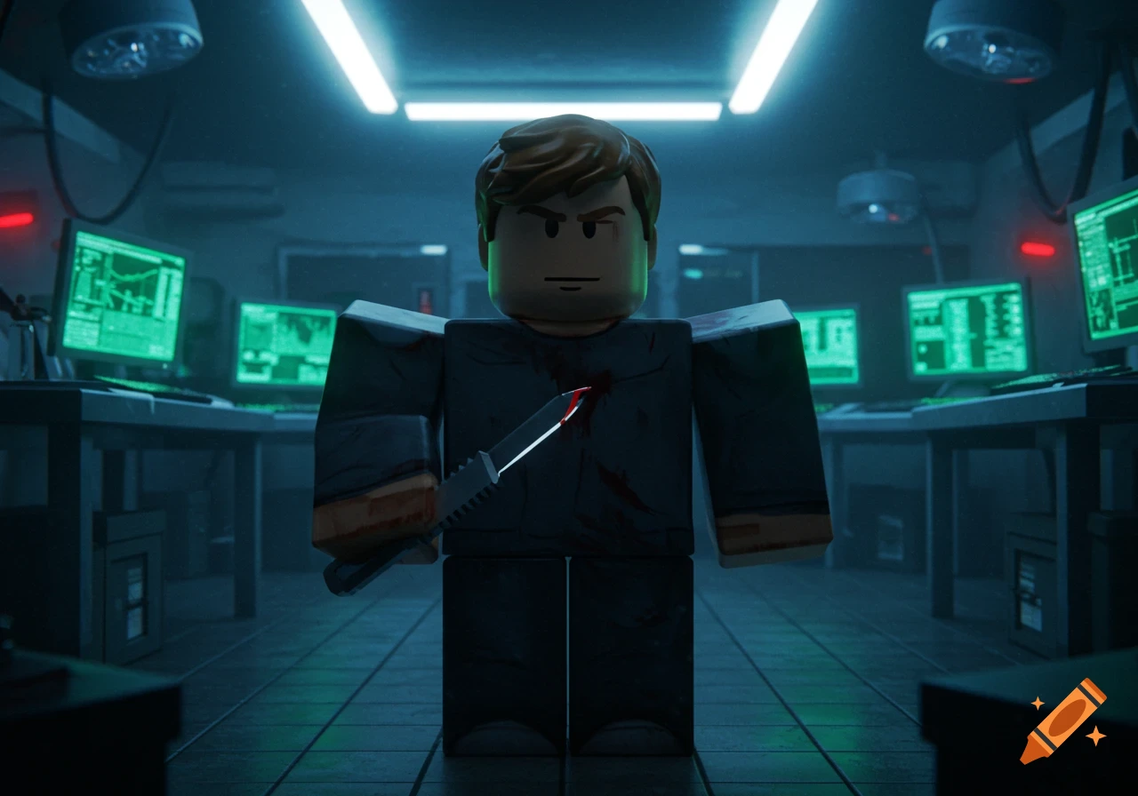 A Roblox-style character with brown hair and an angry expression holds a bloody knife in a dimly lit server room with glowing green monitors.