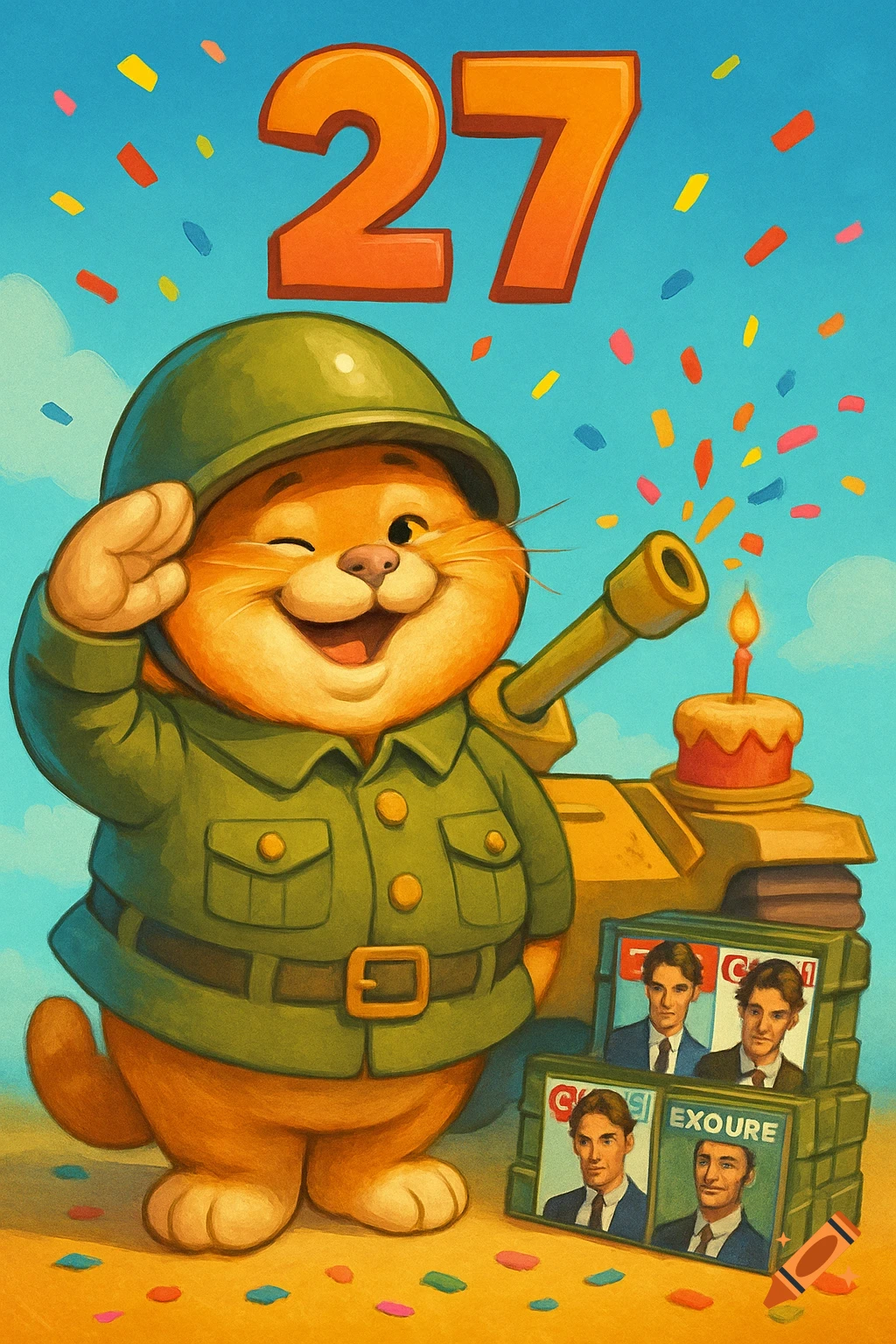 Cartoon ginger cat in military uniform saluting, with a tank, birthday cake, confetti, and the number 27 in the sky.