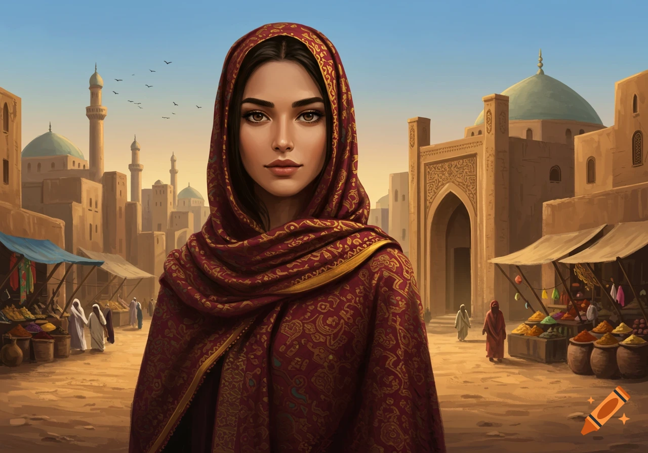 A young woman in a red and gold patterned headscarf and cloak stands in a bustling Middle Eastern marketplace, digital painting.