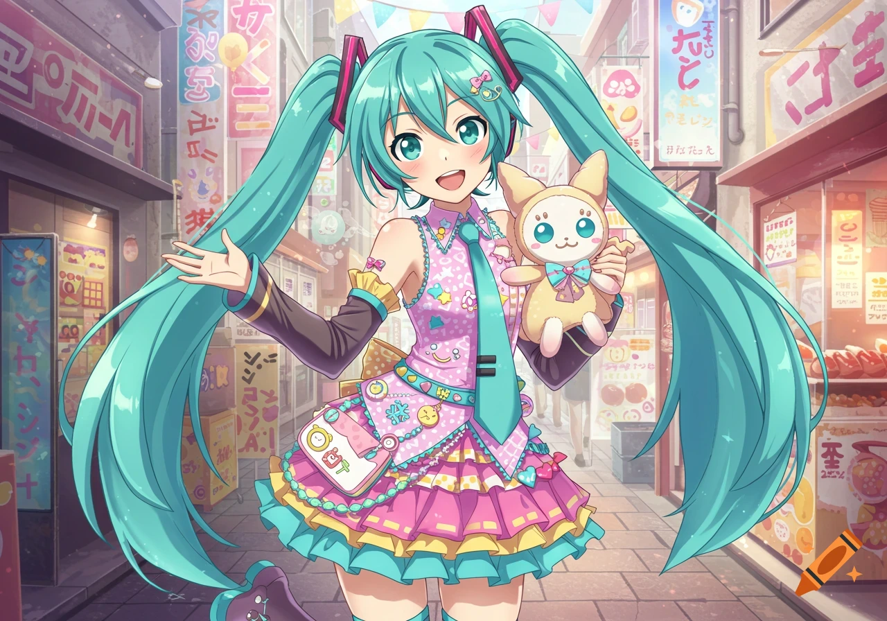 An anime girl, Hatsune Miku, in a colorful Harajuku outfit, smiles brightly while holding a Teto plush toy in a bustling street.