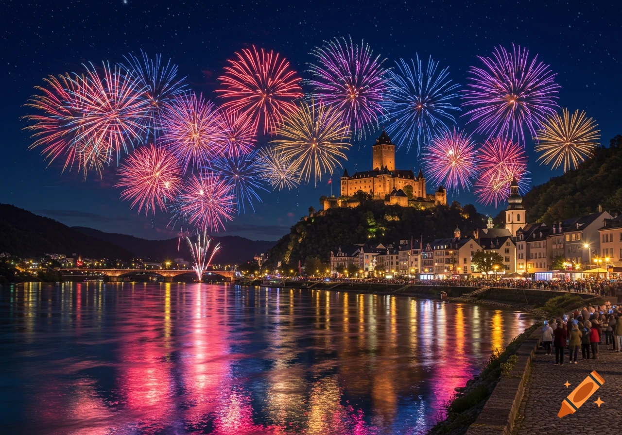 Colorful fireworks illuminate the night sky over a castle, river, and a brightly lit town, with reflections on the water.