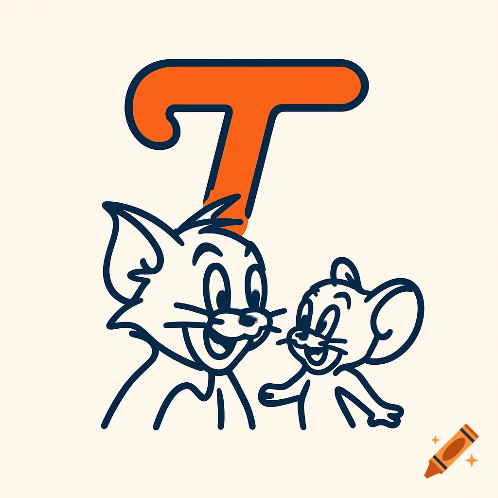 Cartoon logo of Tom and Jerry characters below a large orange letter T.