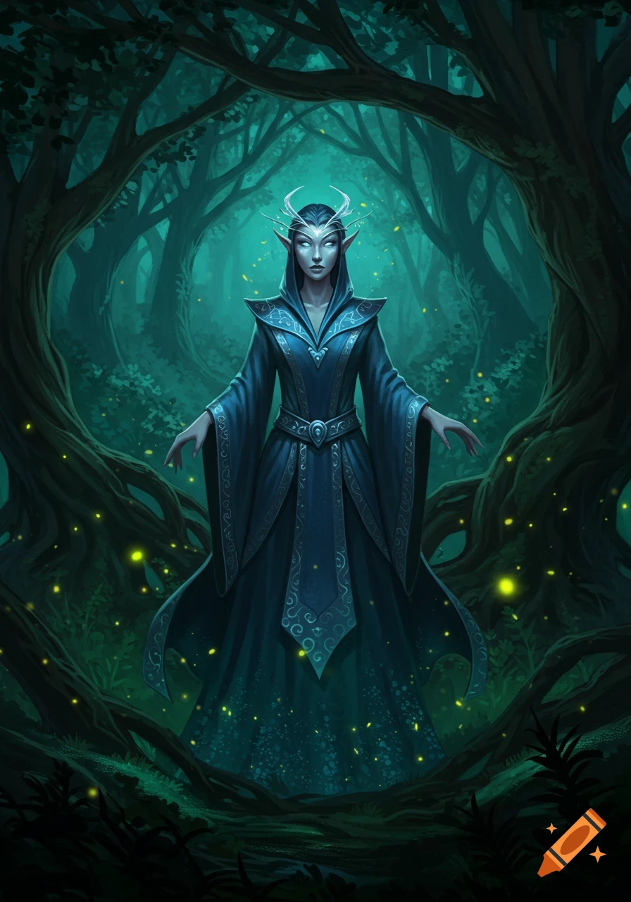 A mysterious elf sorceress in a dark, magical forest with glowing fireflies. Digital art.