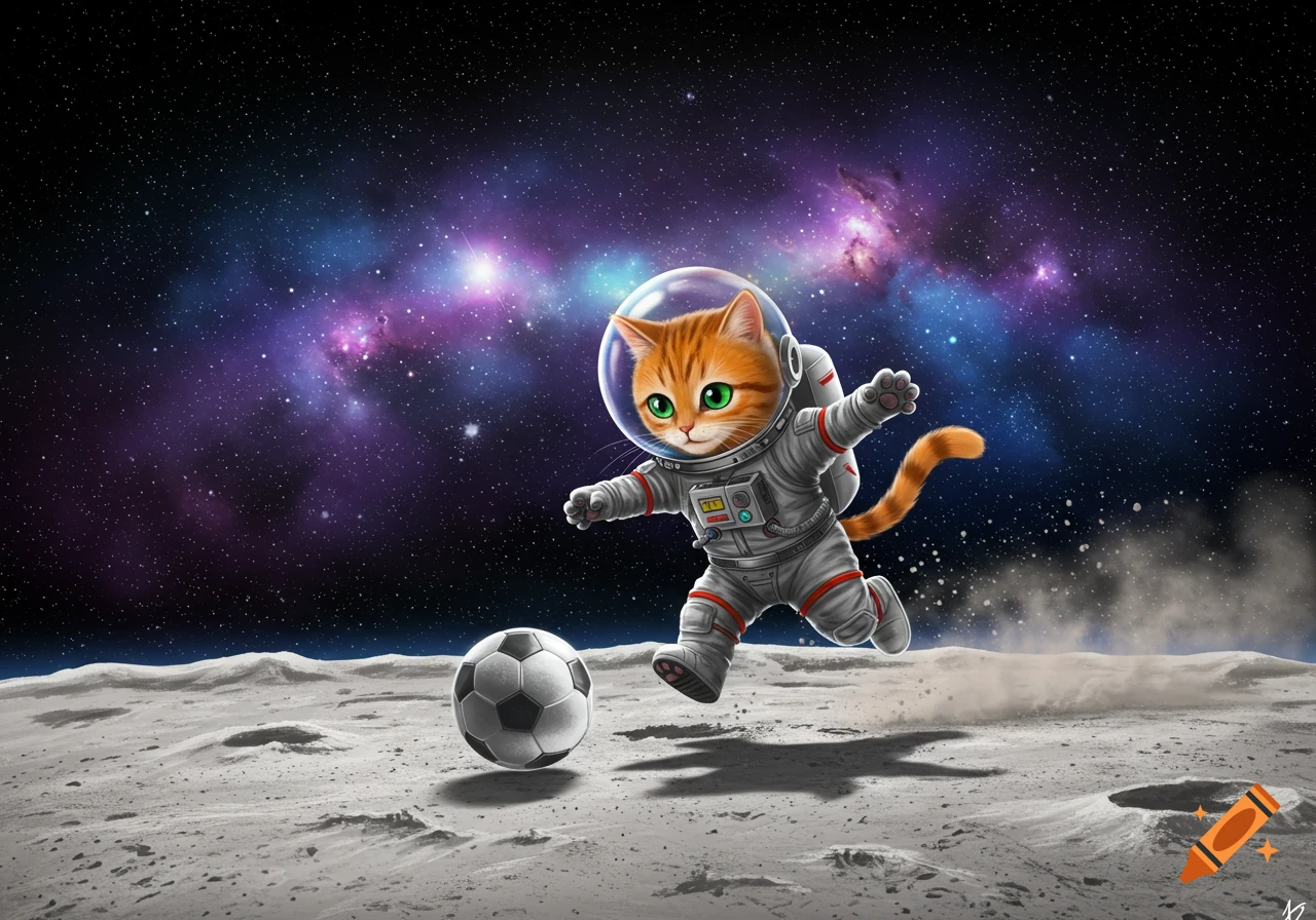 An adorable orange tabby cat in an astronaut suit leaps to kick a soccer ball on the moon, with a vibrant galaxy in the background.