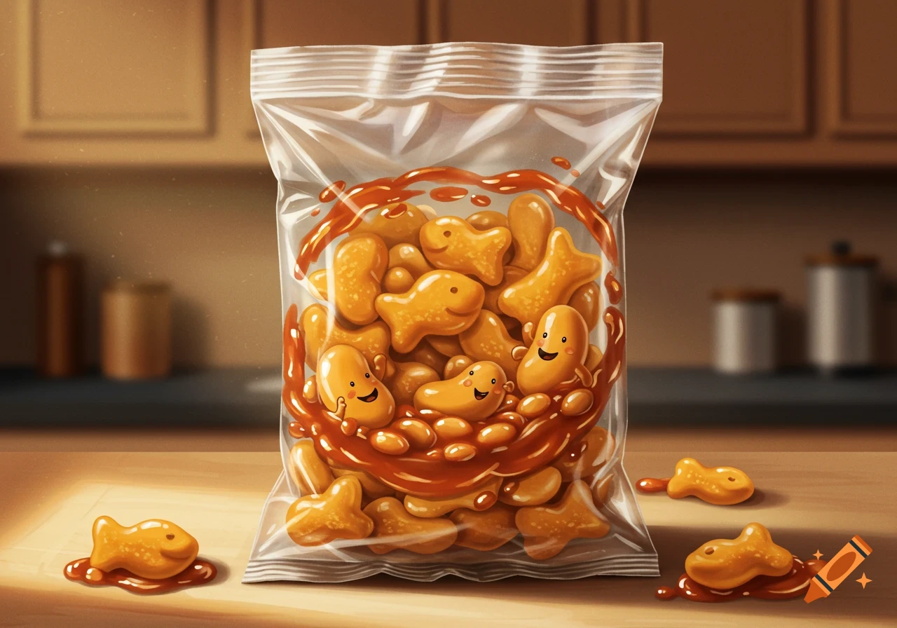 A clear bag of cartoon goldfish crackers and smiling beans mixed in a reddish sauce on a kitchen counter.