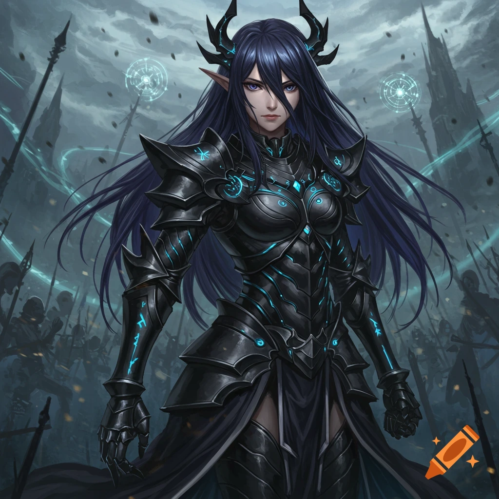 An anime elf warrior with long dark hair, glowing blue eyes, and black horned armor with blue accents stands on a battlefield with shadowy soldiers and a castle in the background, digital art.