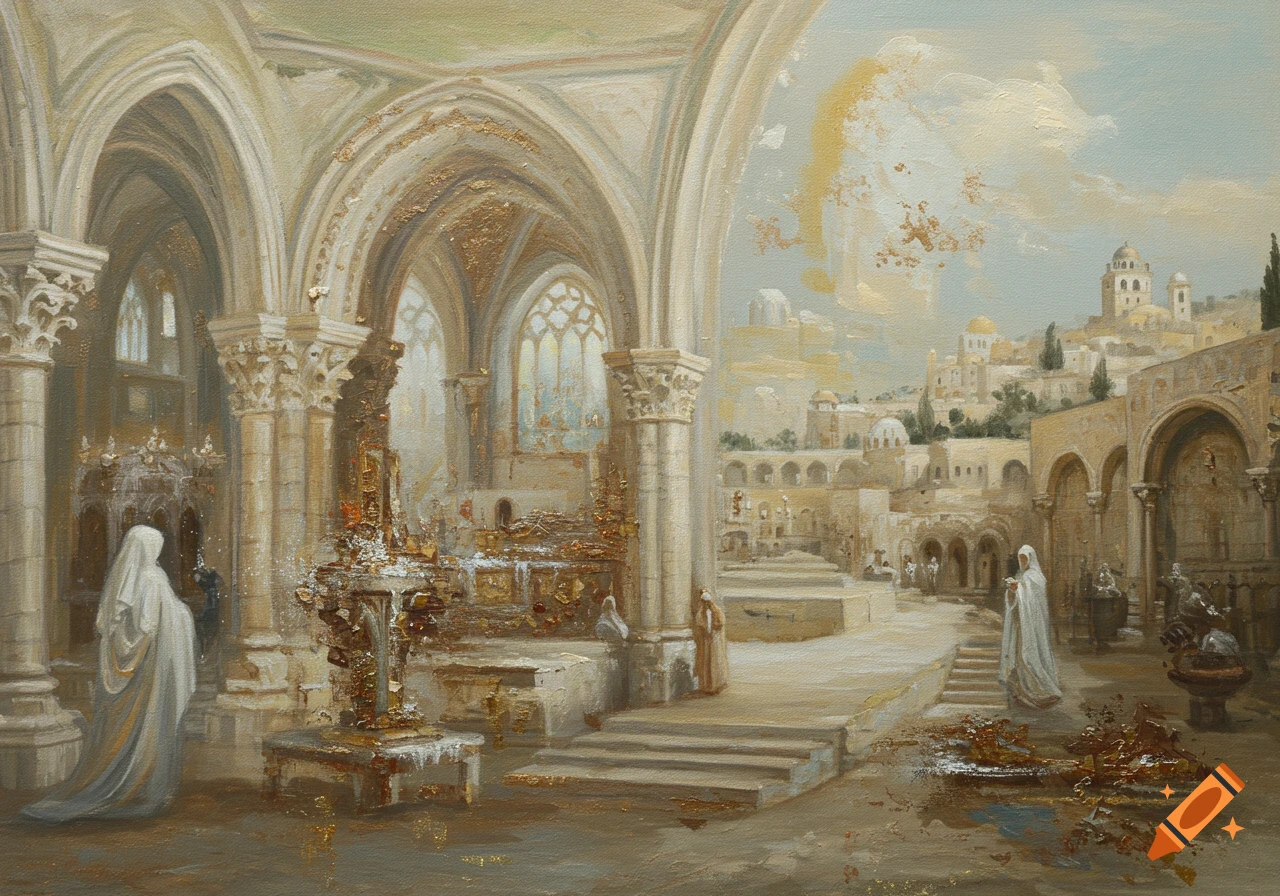 A semi-abstract painting depicts an ancient sacred temple interior with towering arches and robed figures, opening to an old city under a cloudy sky, with golden, glitter-like textures.