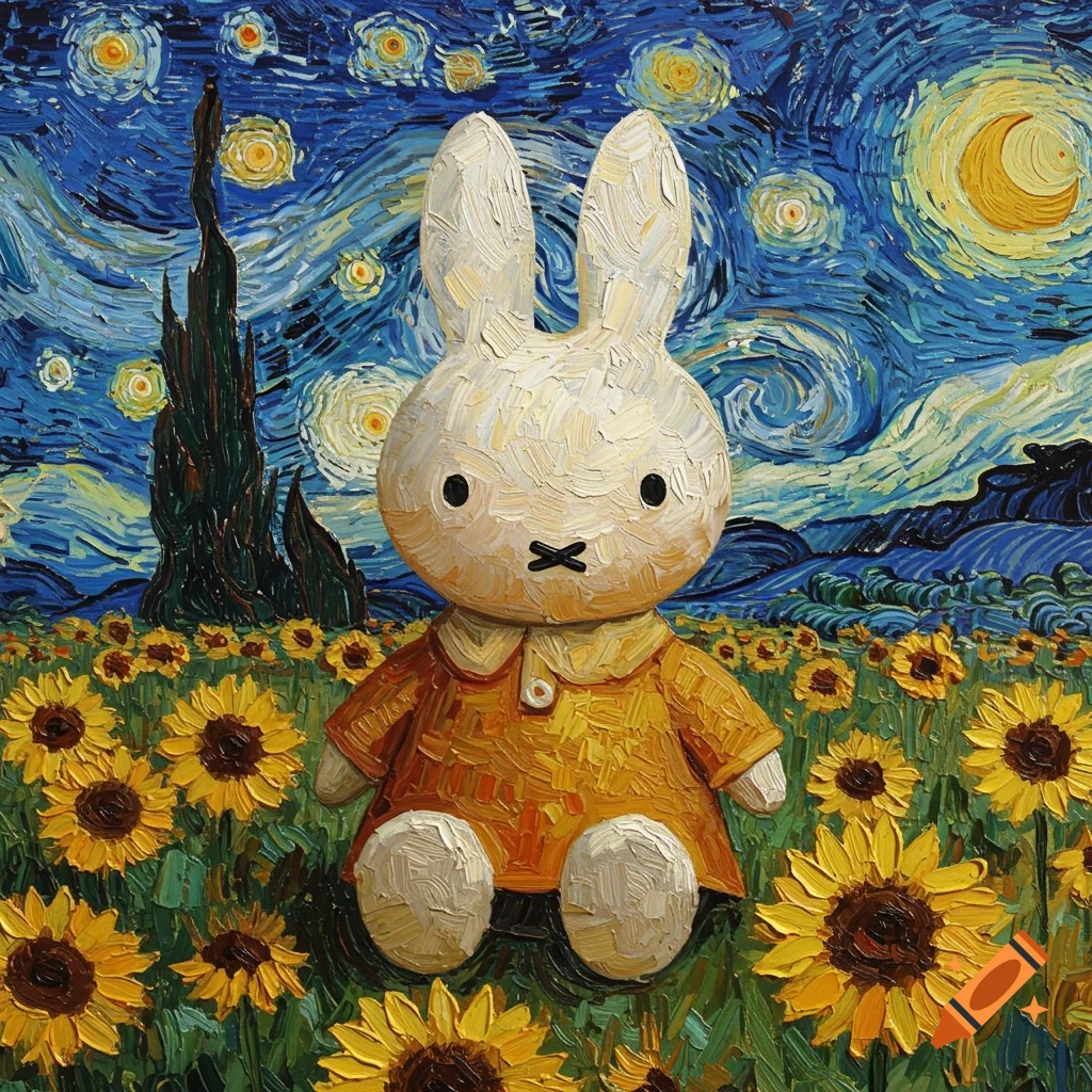 Miffy bunny sits in a field of sunflowers under a swirling starry night sky, rendered in the impasto brushstroke style of Van Gogh.