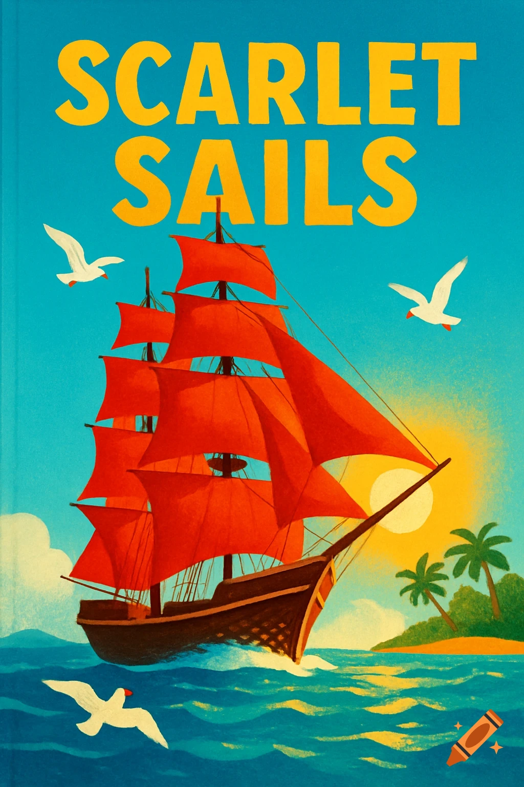 A vibrant book cover illustration features a ship with red sails on blue water, with "SCARLET SAILS" in yellow text.