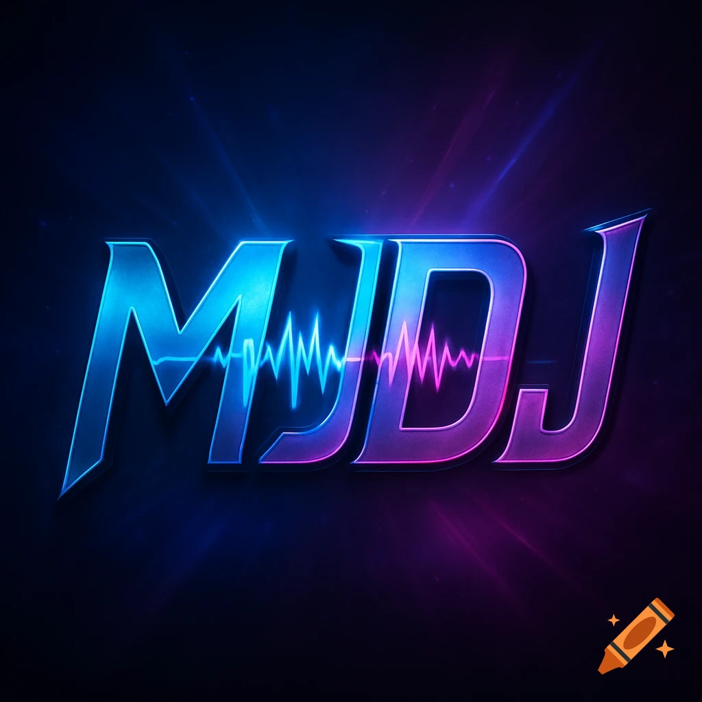 Neon blue and purple metallic logo for MJDJ with an equalizer waveform between the J and D.