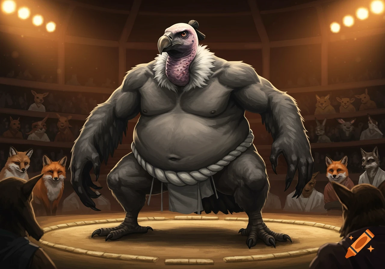 A muscular anthropomorphic vulture in sumo gear stands in a wrestling ring, surrounded by various animal spectators. Stylized illustration.