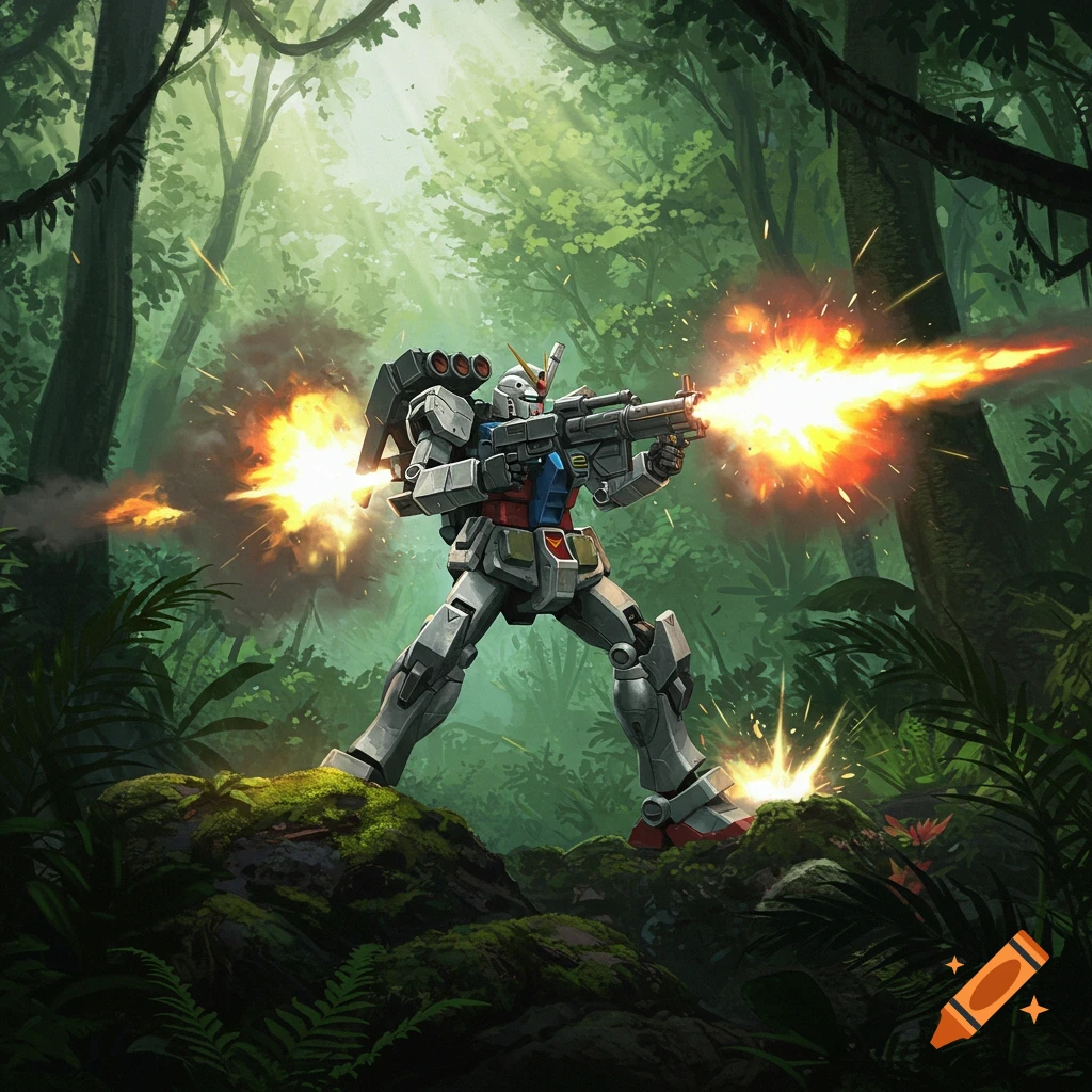 A silver and red Gundam robot fires a weapon with muzzle flashes in a lush green jungle, illuminated by sunlight.
