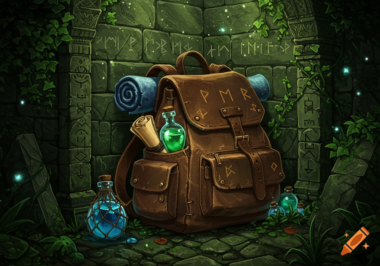 A stylized fantasy adventure backpack with a scroll and potions, resting against mossy stone walls carved with runes and glowing particles.