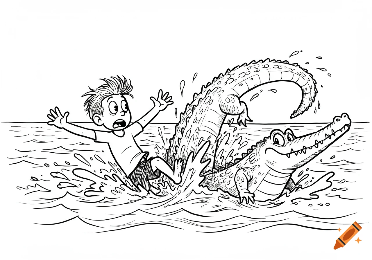 A black and white cartoon of a boy screaming in water, being chased by a smiling crocodile.