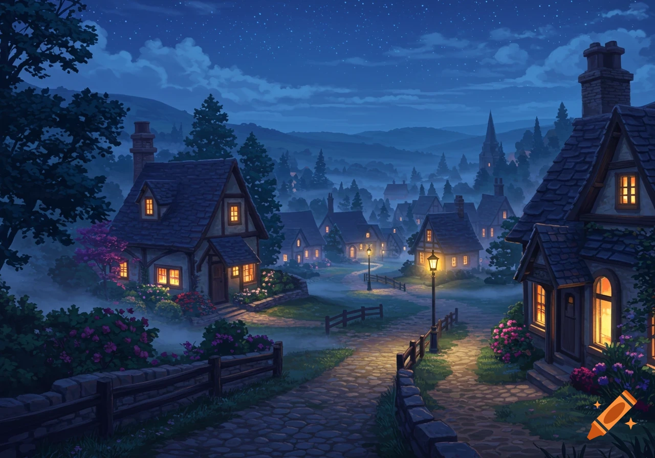A stylized night scene of a village with glowing windows, streetlights on cobblestone paths, and a starry sky.