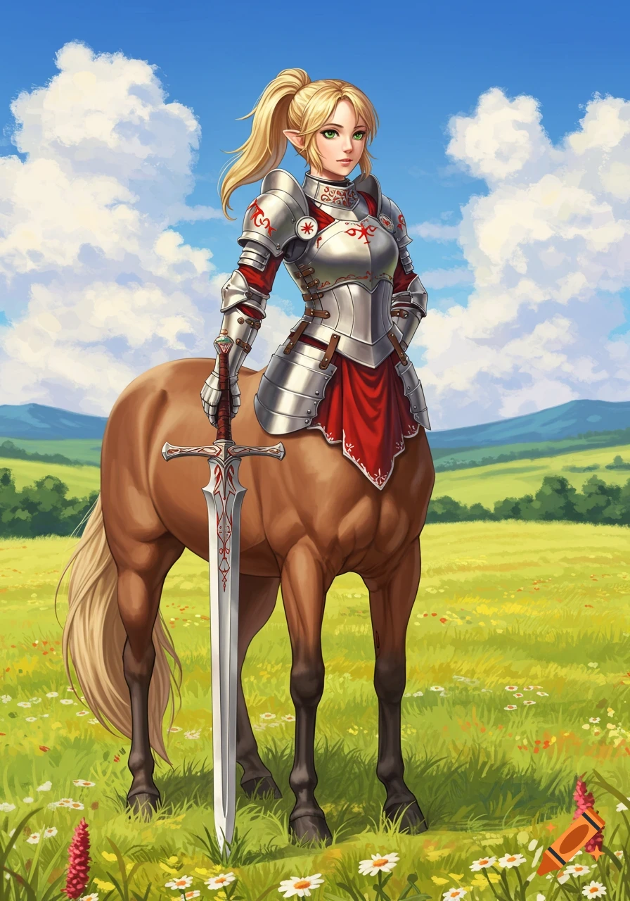 A blonde female centaur knight in silver and red armor holds an ornate sword in a sunny green field, fantasy illustration.