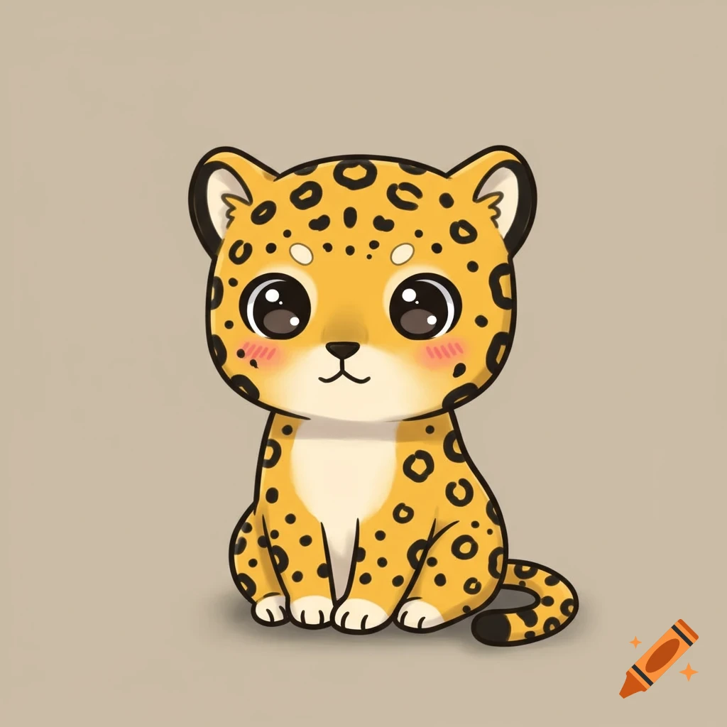 A cute, whimsical cartoon jaguar with large eyes and pink cheeks sits on a plain background.