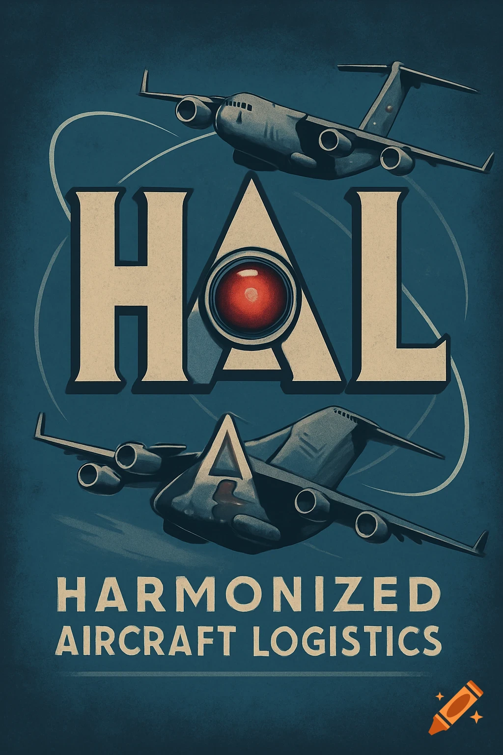 Retro-style poster featuring HAL logo with a red eye, two military cargo planes, and 'HARMONIZED AIRCRAFT LOGISTICS' text.