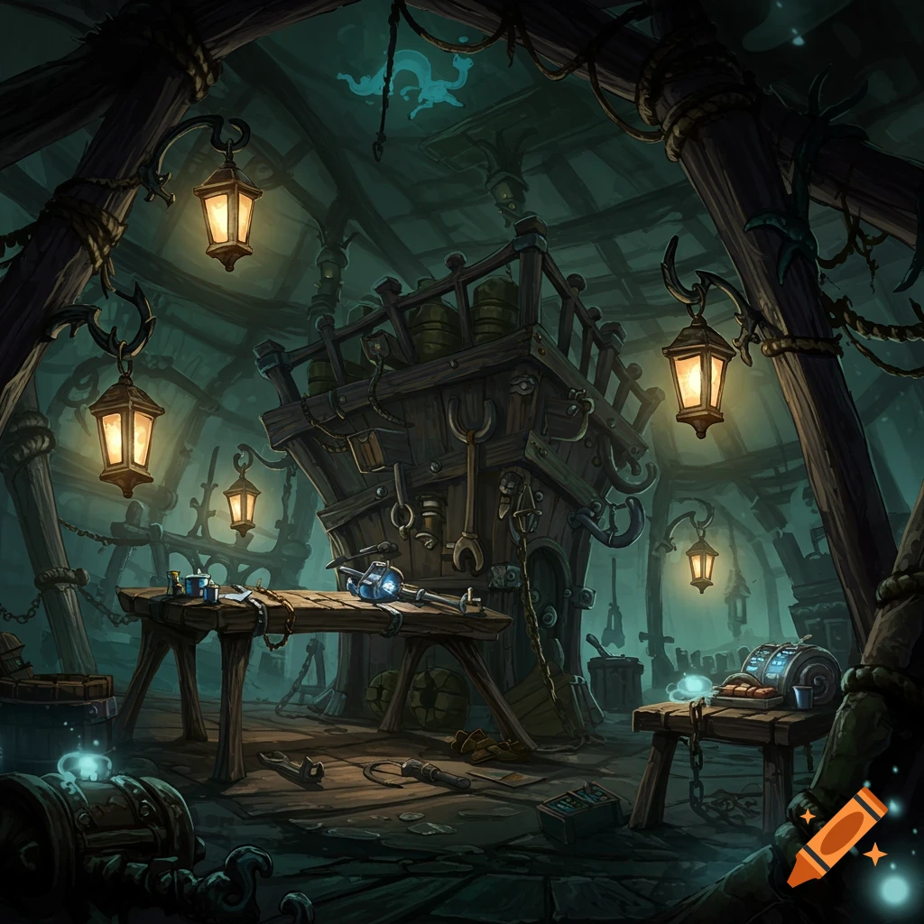 A dark, crooked workshop with wooden beams, glowing lanterns, and various tools, in a stylized fantasy art style.