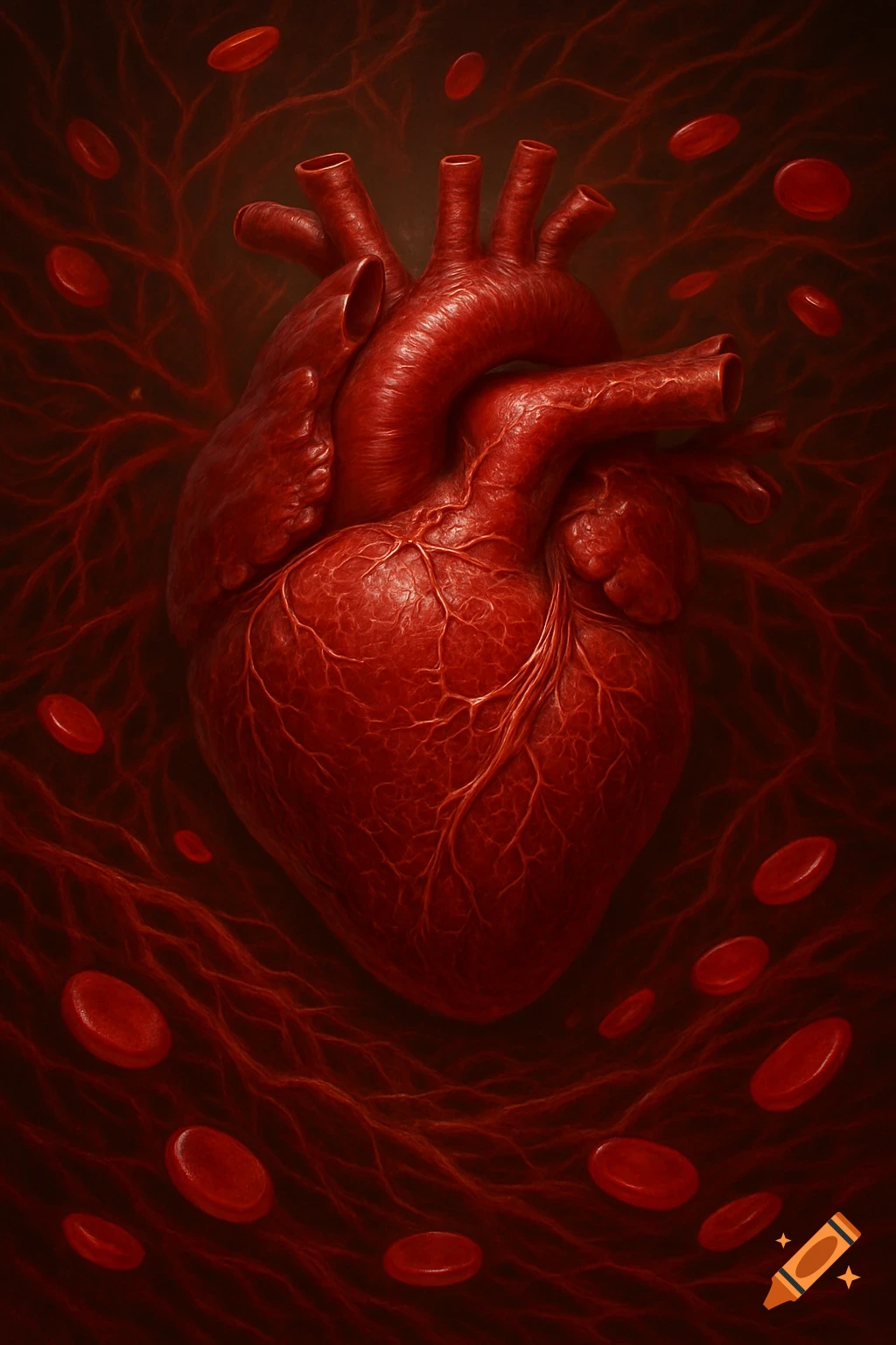 A detailed red illustration of a human heart with branching arteries, veins, capillaries, and floating red blood cells.