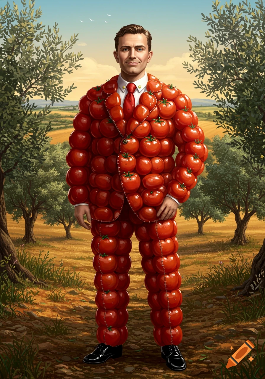 A smiling man wears a formal suit constructed entirely from ripe red tomatoes, standing in an olive grove.