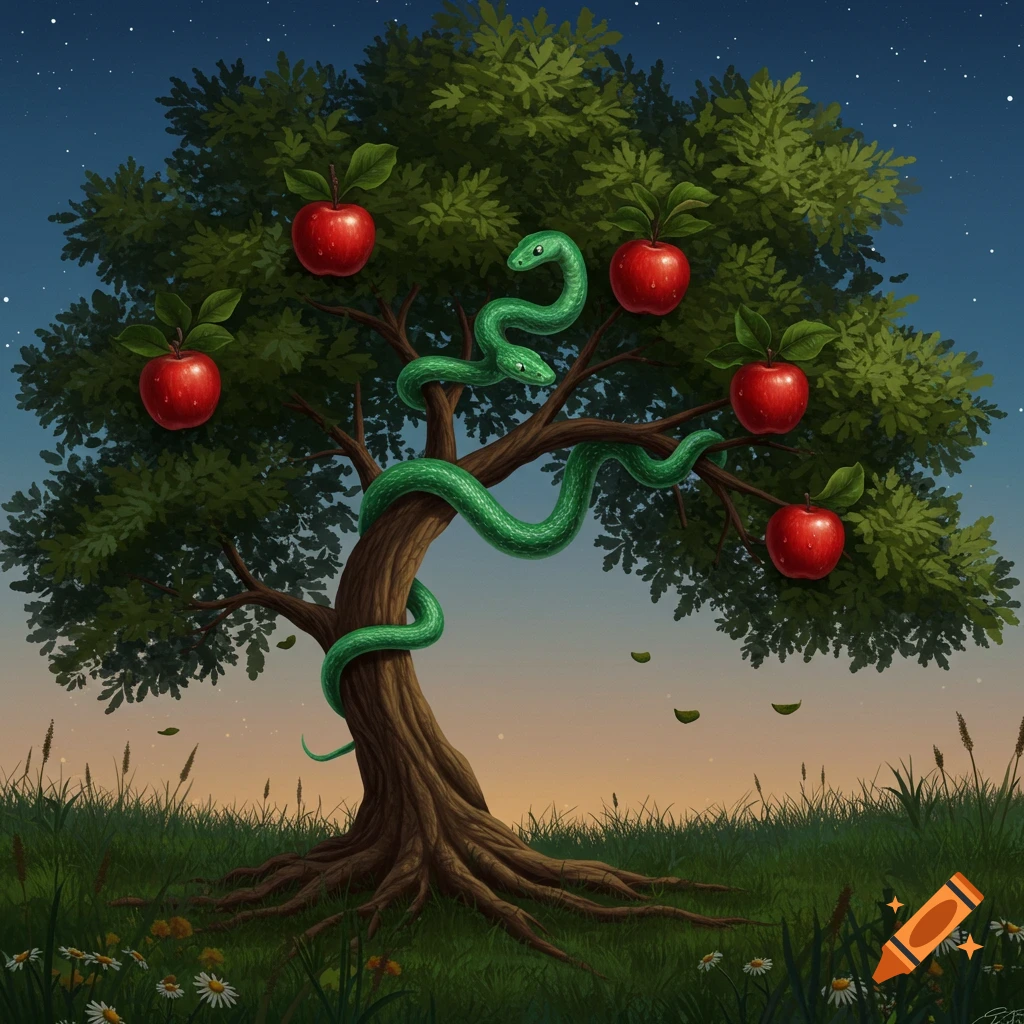 An illustrated tree with red apples and a green, two-headed snake wrapped around its trunk, in a grassy field at twilight.