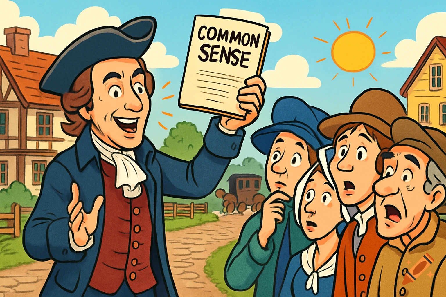 Cartoon of Thomas Paine holding a 'Common Sense' pamphlet, talking to a group of American colonists in a village.