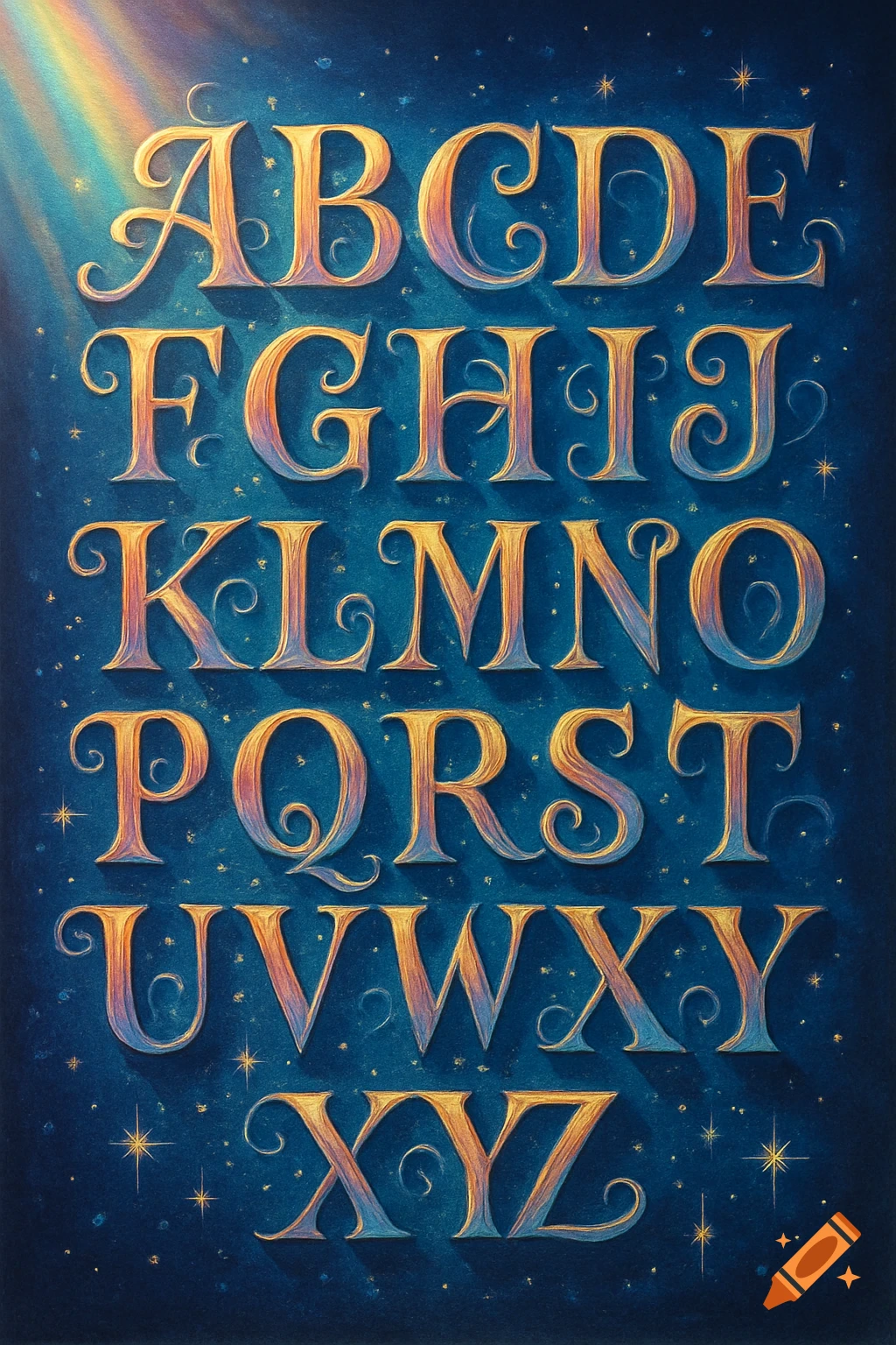 Decorative golden and pastel alphabet A-Z on a starry blue background with a rainbow light ray.