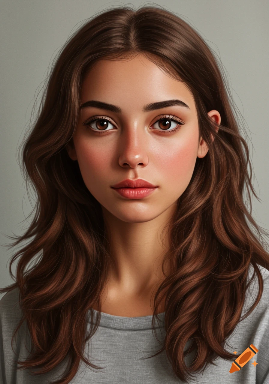 Photorealistic portrait of a young woman with long brown hair, brown eyes, and a neutral expression on a plain background.