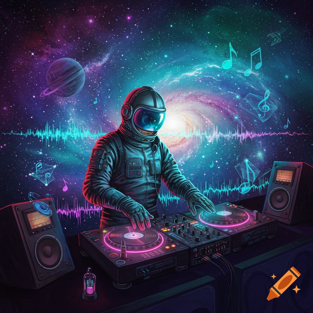 Astronaut DJing with glowing turntables in a vibrant galaxy with planets and musical notes, in a retro sci-fi art style.