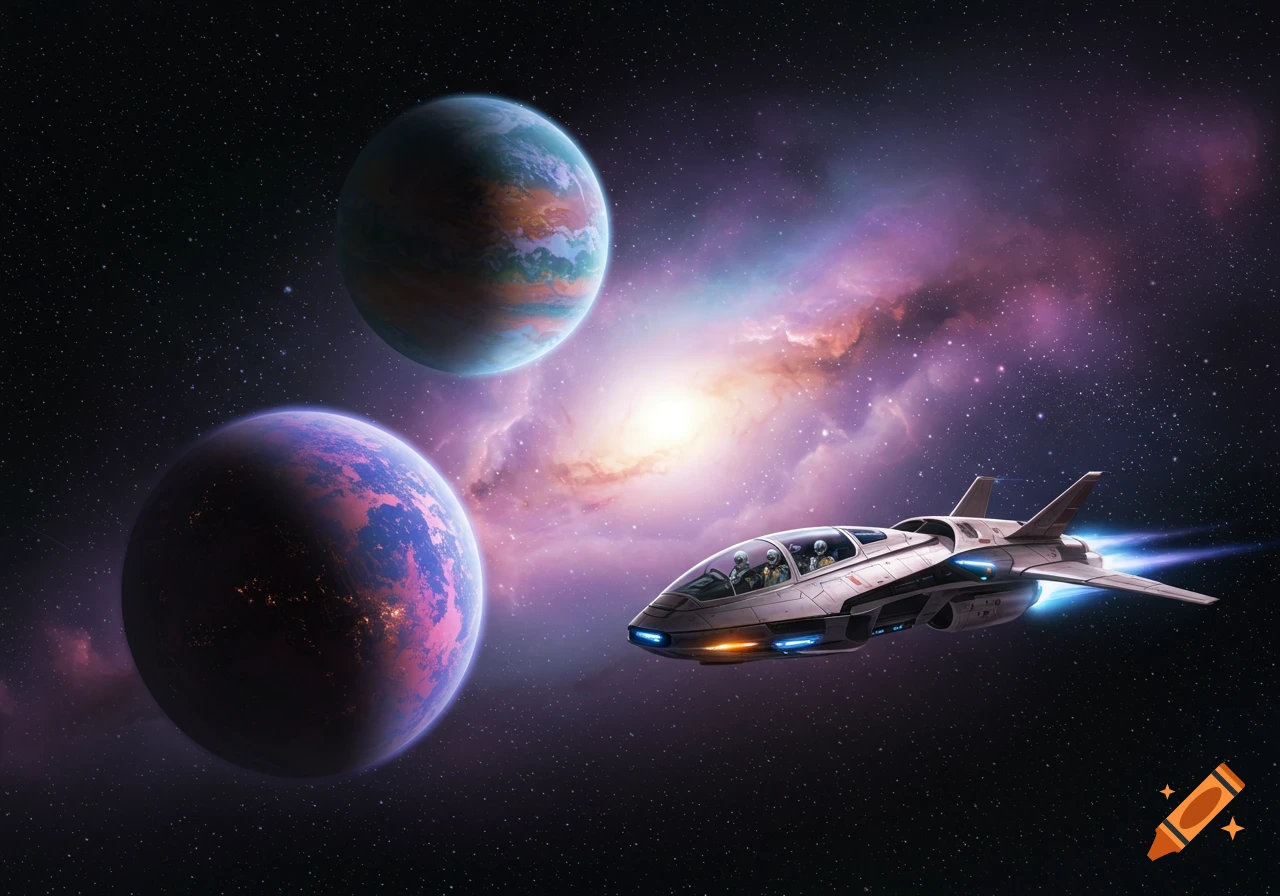 A futuristic spaceship with three pilots flies past two large, colorful planets and a glowing nebula in deep space.