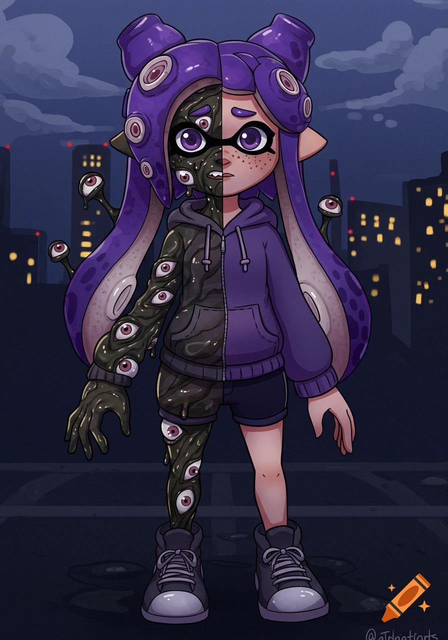 An anime girl with purple hair, half normal and half covered in dark, eye-sprouting corruption, stands in a dark city.