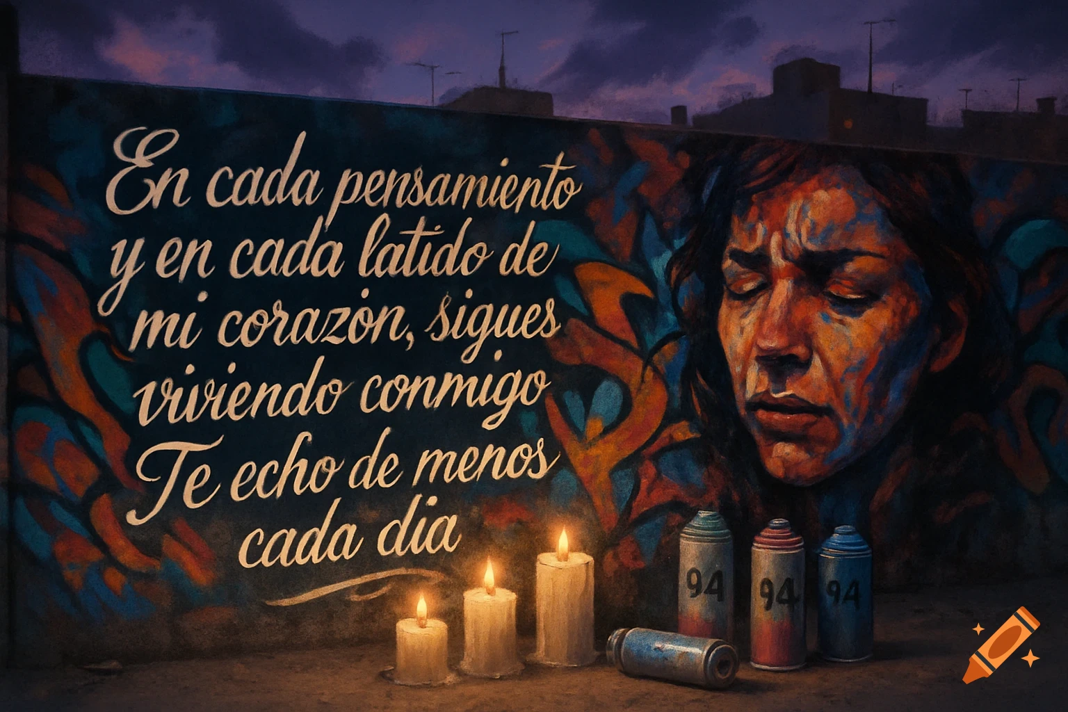A stylized mural at dusk depicts a sorrowful woman's face and text. Below it, four lit candles and three spray paint cans rest on the ground. Buildings are silhouetted against a purple sky.
