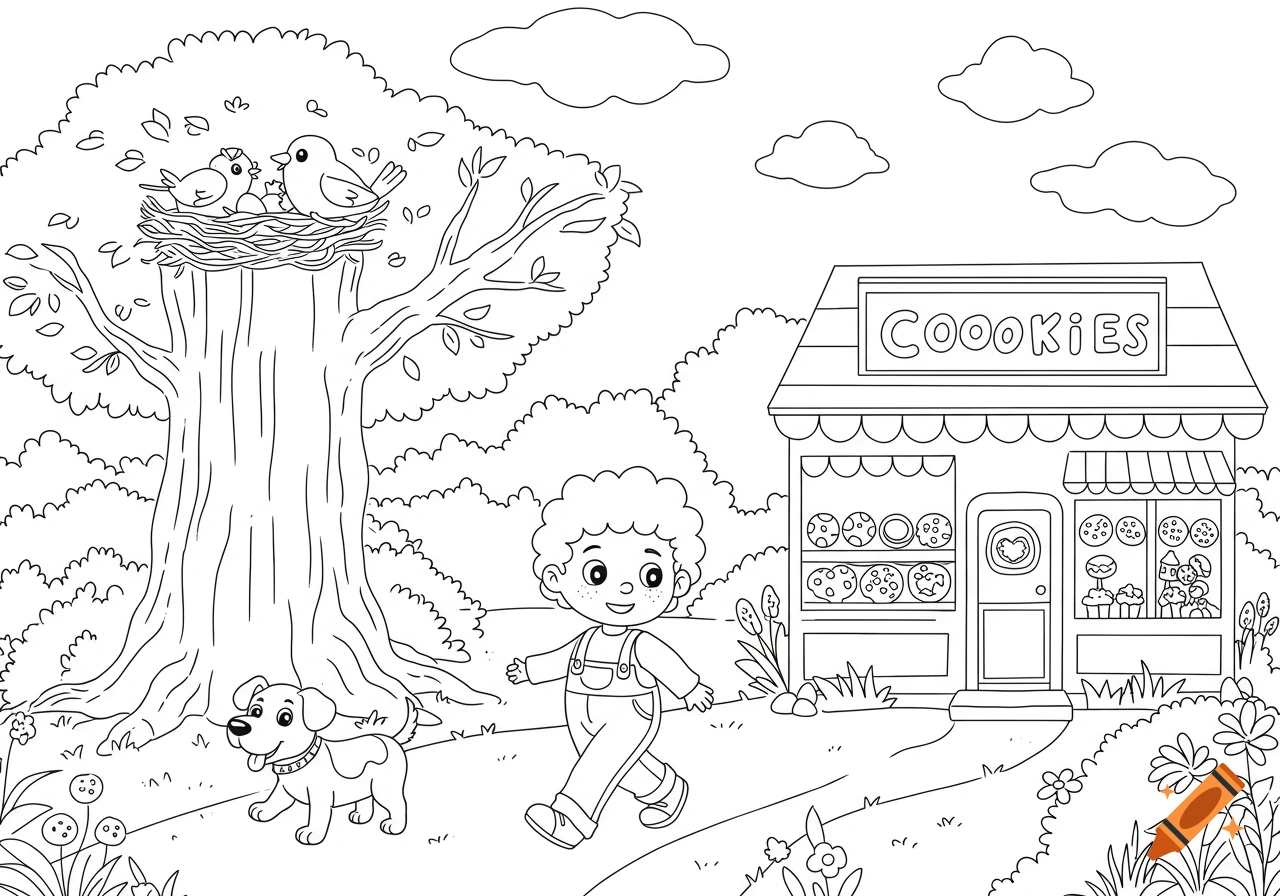 Black-and-white coloring page of a boy and his dog walking in a park, past a tree with a bird's nest and a cookie shop.