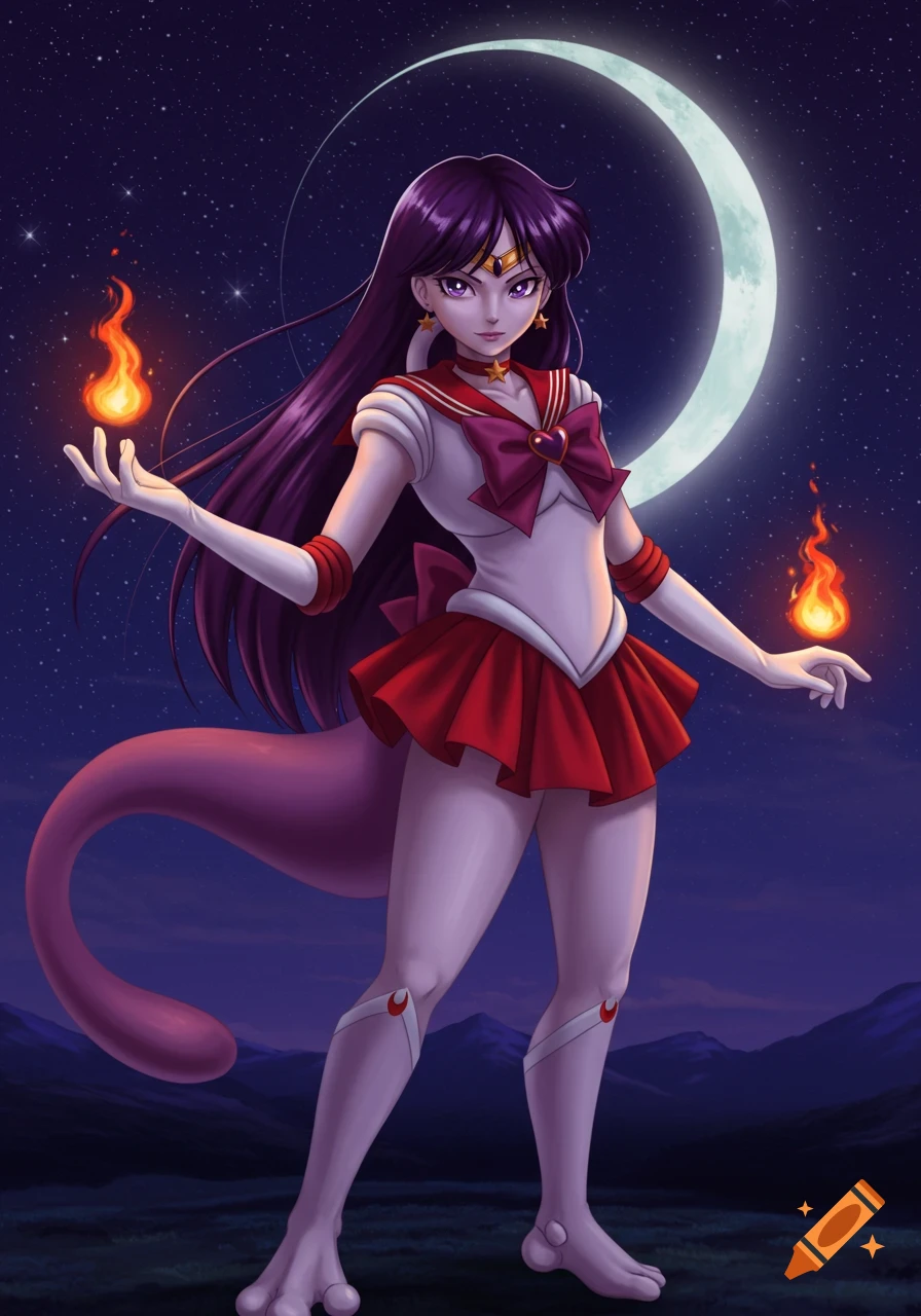A purple-skinned character with a Mewtwo tail, dressed as Sailor Mars, holding flames under a starry night sky with a crescent moon.