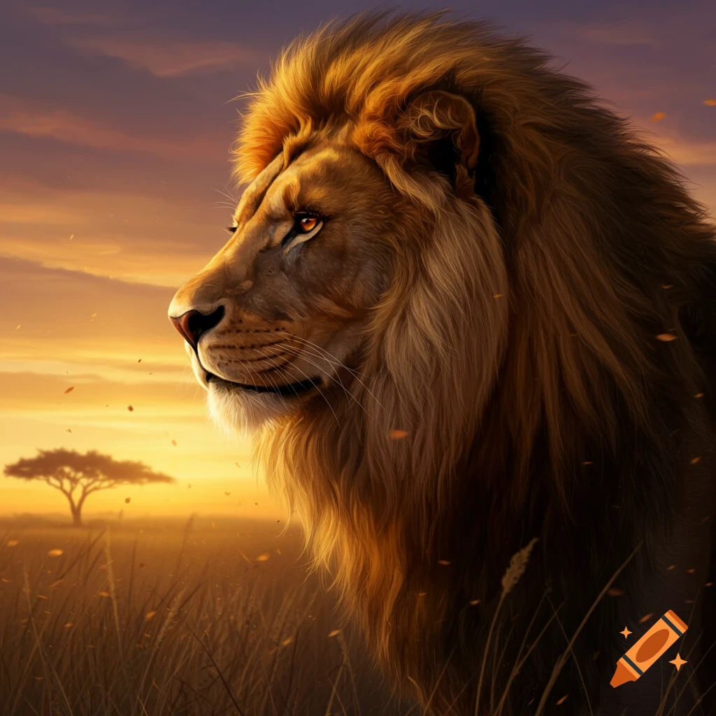 A majestic photorealistic lion with a golden mane looks to the left at sunset in a savanna landscape.