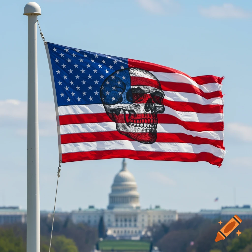 Photorealistic American flag with a skull design, waving from a pole, with the blurred US Capitol in the background.