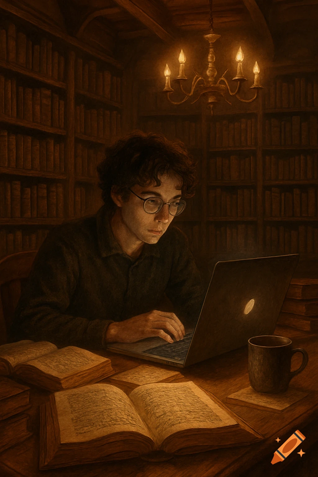 A young man with glasses studies at a laptop in a dimly lit library, surrounded by books, in a warm, dark academia painting.