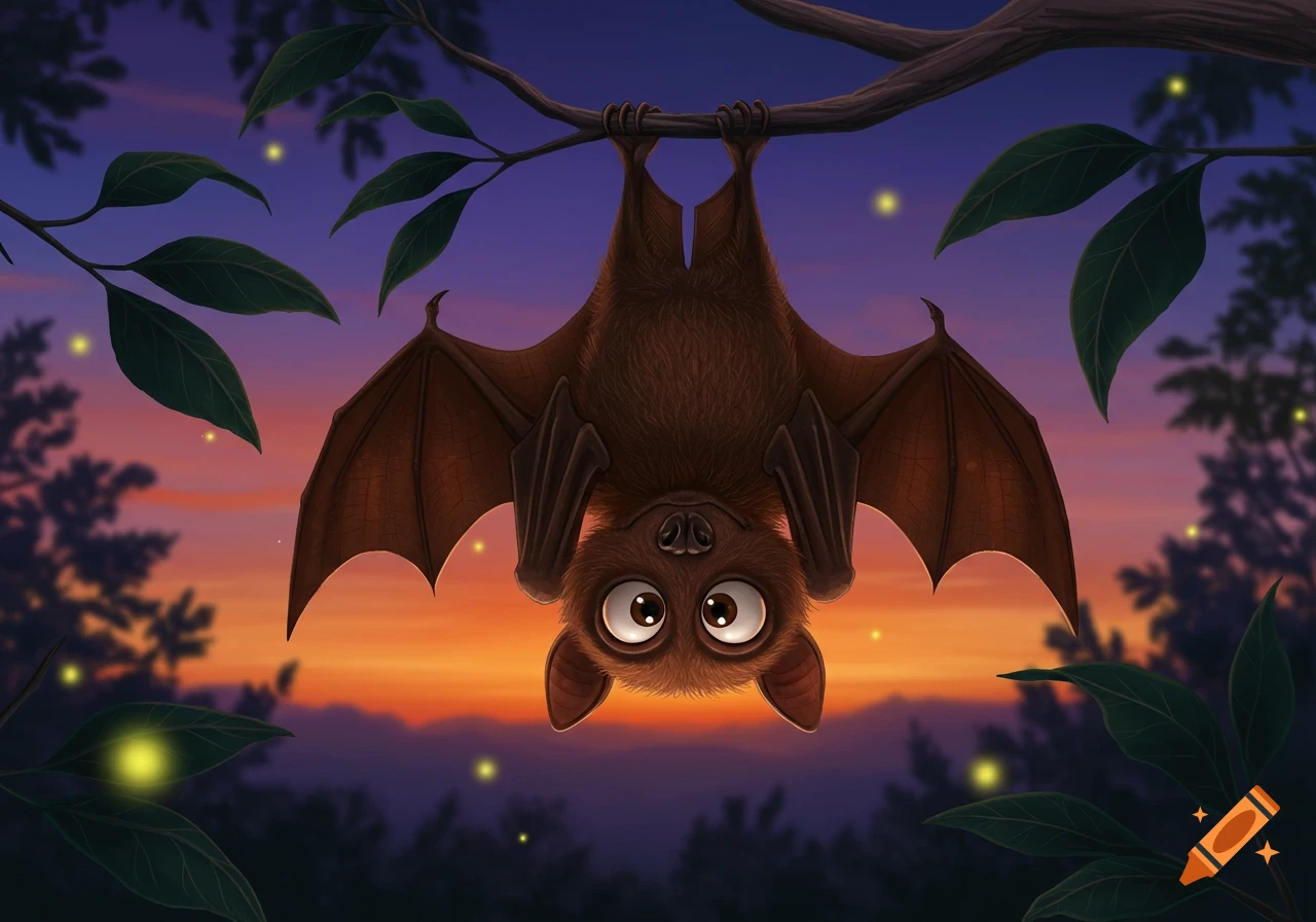 A cute, cartoon bat with large eyes hangs upside down from a tree branch at dusk, with fireflies twinkling in the background.