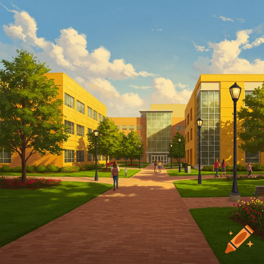 Stylized illustration of a sunny university campus with yellow buildings, green lawns, brick paths, and students walking.