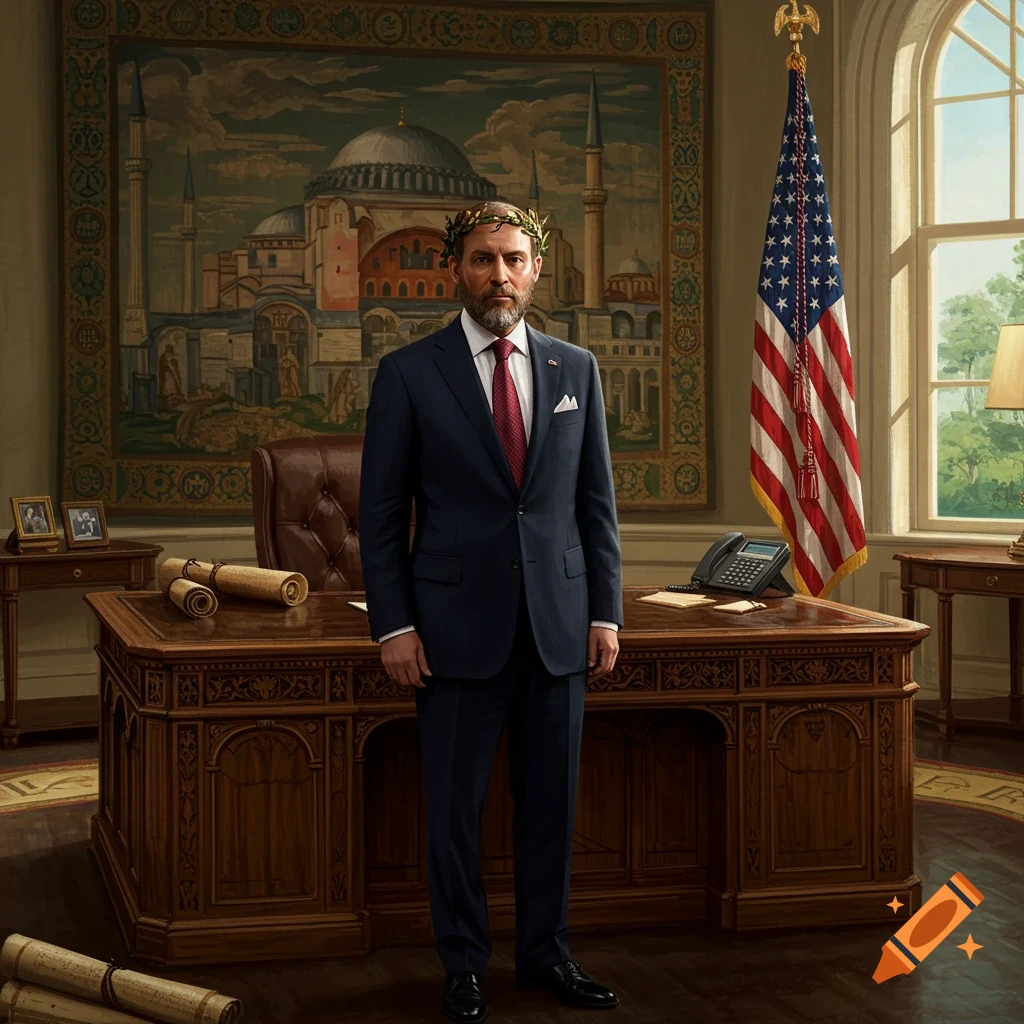 A serious, bearded man wearing a laurel wreath and a dark suit stands in a presidential office with an American flag and a large tapestry in the background. Photorealistic style.