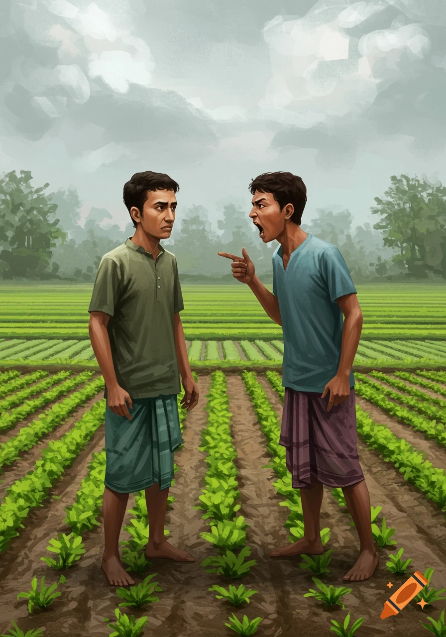 Two men argue and point fingers in a green agricultural field under a cloudy sky, illustration.