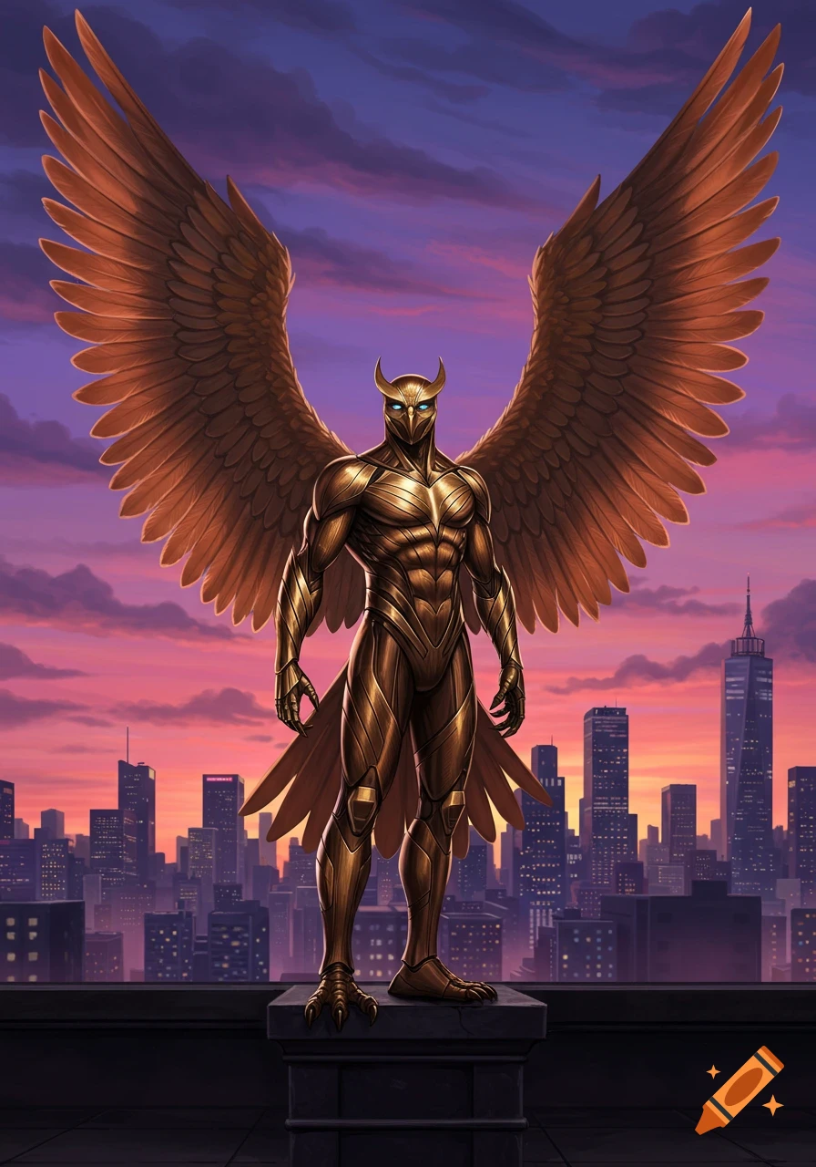Golden armored bird-like superhero with giant wings standing on a city rooftop at sunset.